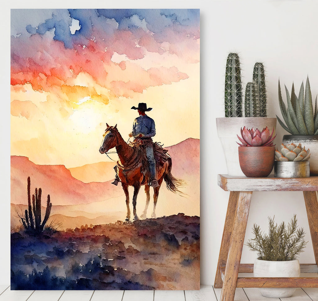 Cowboy Sunset Art Print Americana Watercolor Painting Rodeo Poster or Canvas Wall Art Southwestern Gift Western Decor