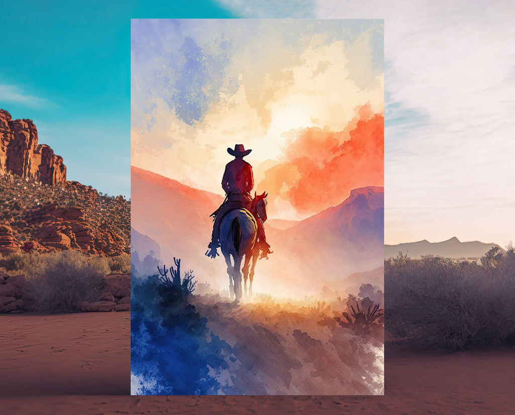 Cowboy Sunset Art Print Americana Watercolor Painting Rodeo Poster or Canvas Wall Art Southwestern Gift Western Decor