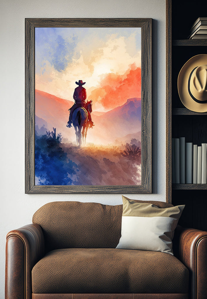 Cowboy Sunset Art Print Americana Watercolor Painting Rodeo Poster or Canvas Wall Art Southwestern Gift Western Decor