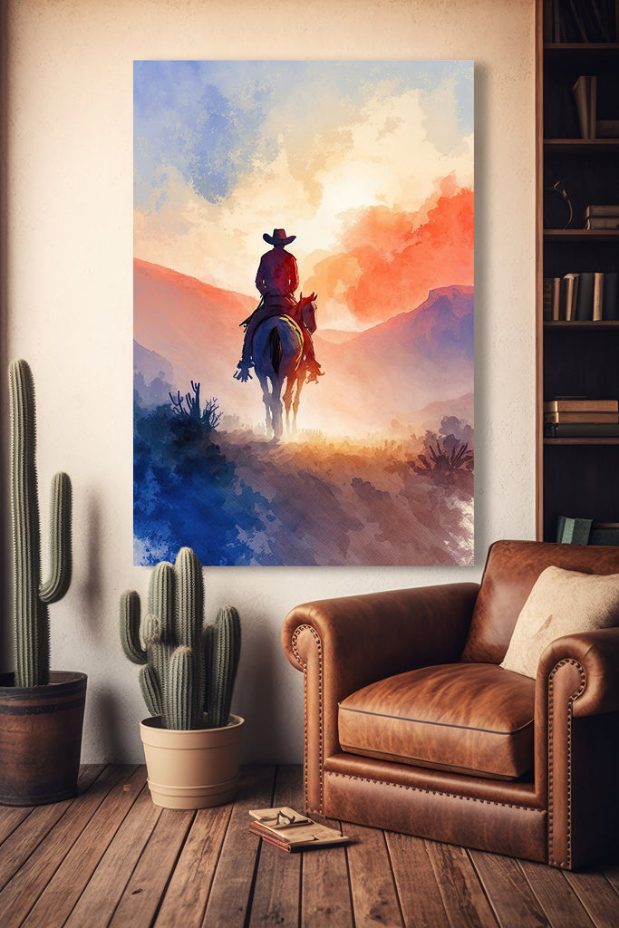 Cowboy Sunset Art Print Americana Watercolor Painting Rodeo Poster or Canvas Wall Art Southwestern Gift Western Decor