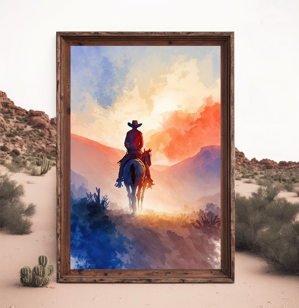 Cowboy Sunset Art Print Americana Watercolor Painting Rodeo Poster or Canvas Wall Art Southwestern Gift Western Decor