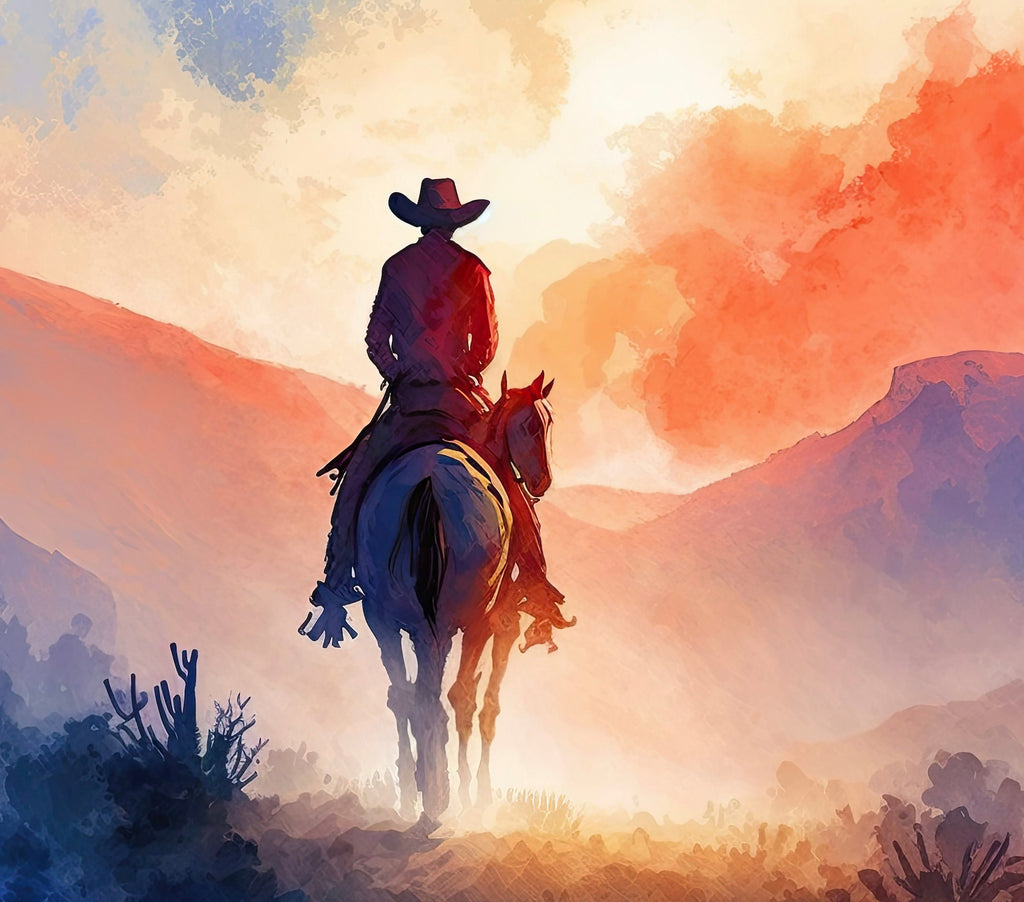 Cowboy Sunset Art Print Americana Watercolor Painting Rodeo Poster or Canvas Wall Art Southwestern Gift Western Decor