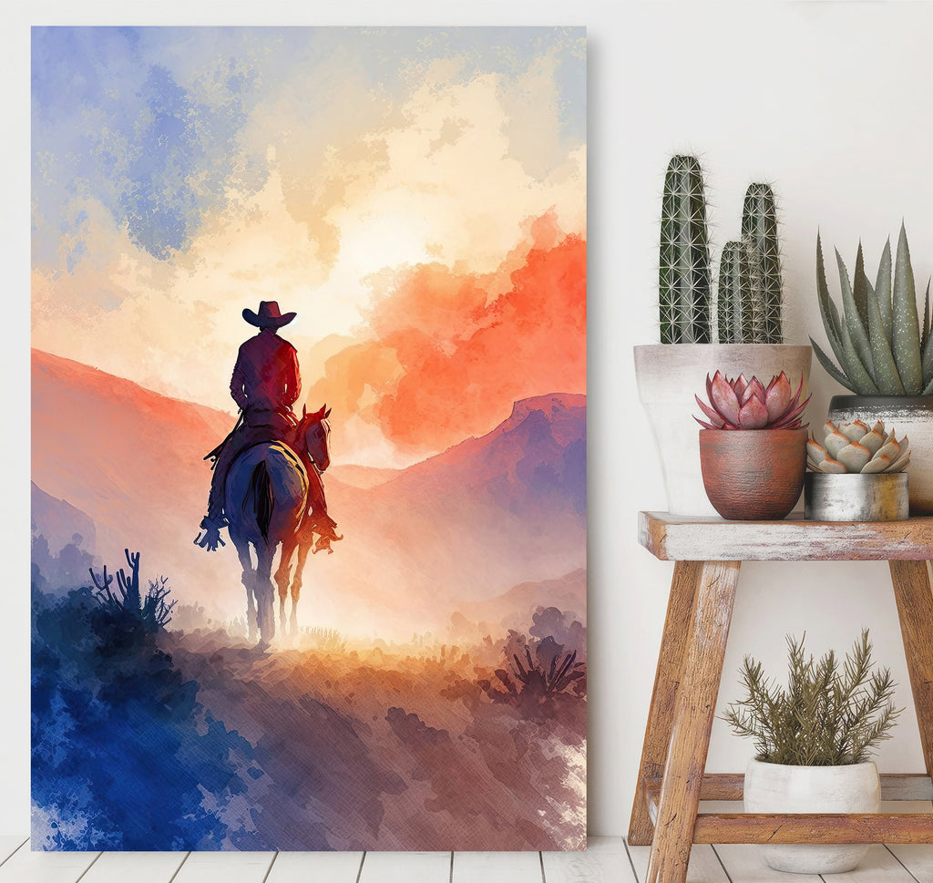 Cowboy Sunset Art Print Americana Watercolor Painting Rodeo Poster or Canvas Wall Art Southwestern Gift Western Decor