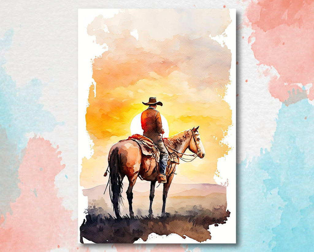 Cowboy Sunset Art Print Americana Watercolor Painting Rodeo Poster or Canvas Wall Art Southwestern Gift Western Decor