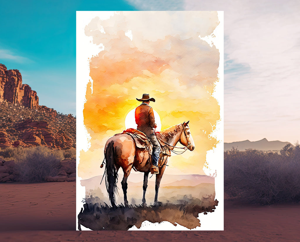 Cowboy Sunset Art Print Americana Watercolor Painting Rodeo Poster or Canvas Wall Art Southwestern Gift Western Decor