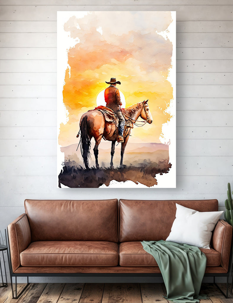 Cowboy Sunset Art Print Americana Watercolor Painting Rodeo Poster or Canvas Wall Art Southwestern Gift Western Decor