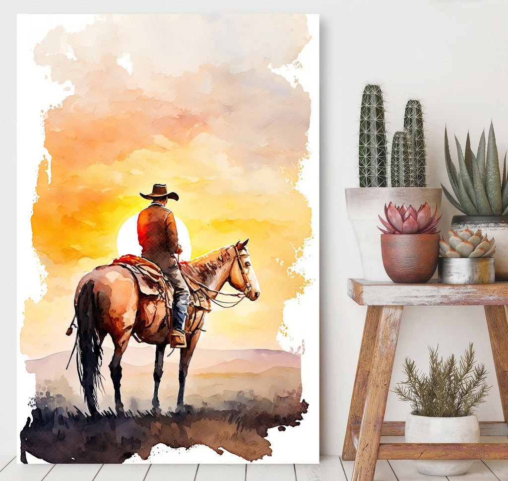 Cowboy Sunset Art Print Americana Watercolor Painting Rodeo Poster or Canvas Wall Art Southwestern Gift Western Decor