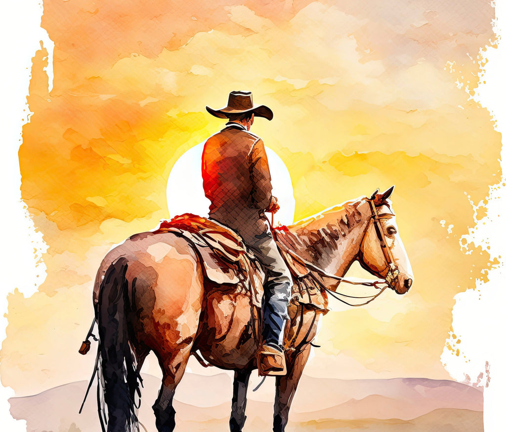 Cowboy Sunset Art Print Americana Watercolor Painting Rodeo Poster or Canvas Wall Art Southwestern Gift Western Decor