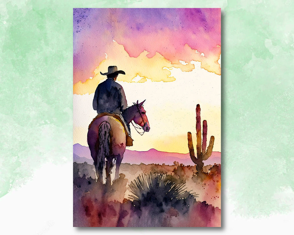 Cowboy Sunset Art Print Americana Watercolor Painting Rodeo Poster or Canvas Wall Art Southwestern Gift Western Decor