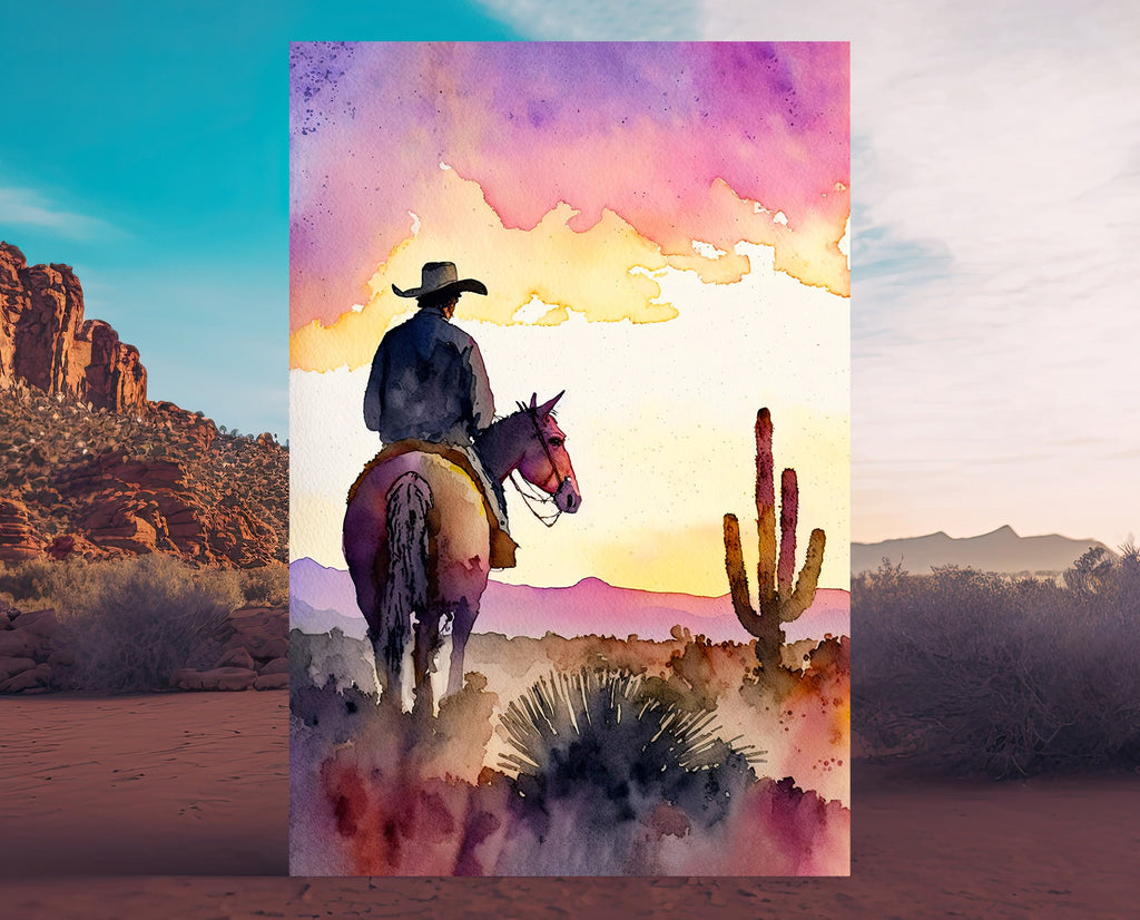 Cowboy Sunset Art Print Americana Watercolor Painting Rodeo Poster or Canvas Wall Art Southwestern Gift Western Decor