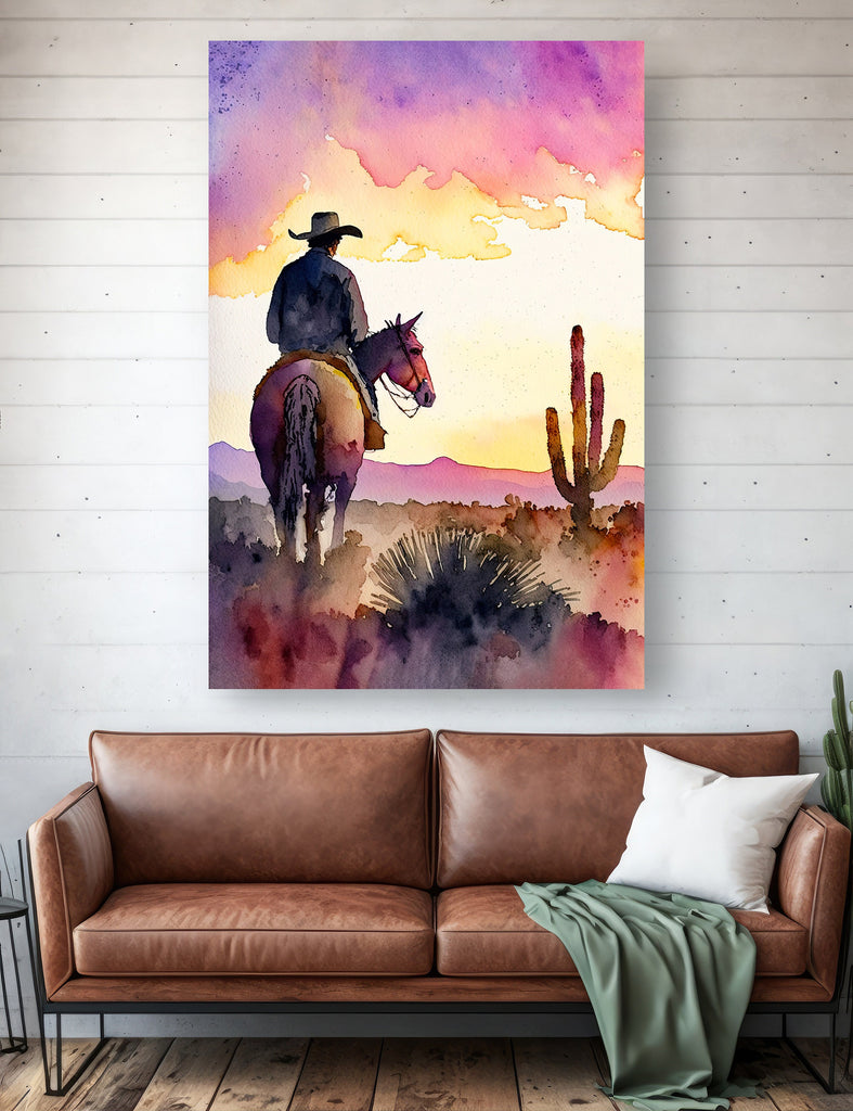 Cowboy Sunset Art Print Americana Watercolor Painting Rodeo Poster or Canvas Wall Art Southwestern Gift Western Decor