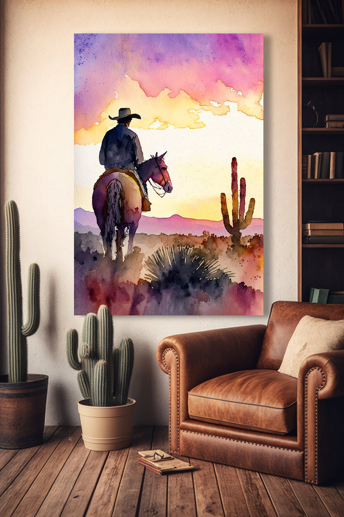 Cowboy Sunset Art Print Americana Watercolor Painting Rodeo Poster or Canvas Wall Art Southwestern Gift Western Decor