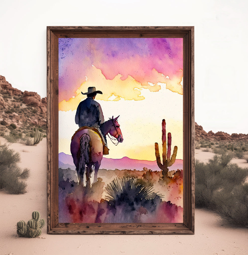 Cowboy Sunset Art Print Americana Watercolor Painting Rodeo Poster or Canvas Wall Art Southwestern Gift Western Decor