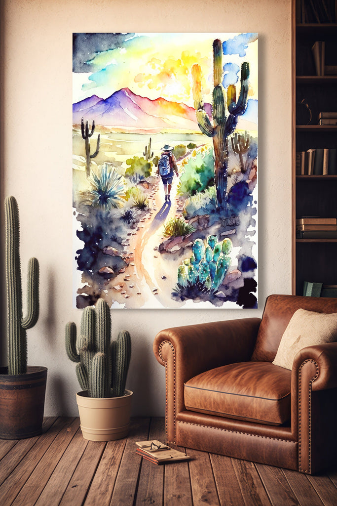 Hiking Desert Trail Sunset Wall Art Backpacking Camping Nature Adventure Unique Outdoorsy Gifts Wanderlust Southwestern Decor