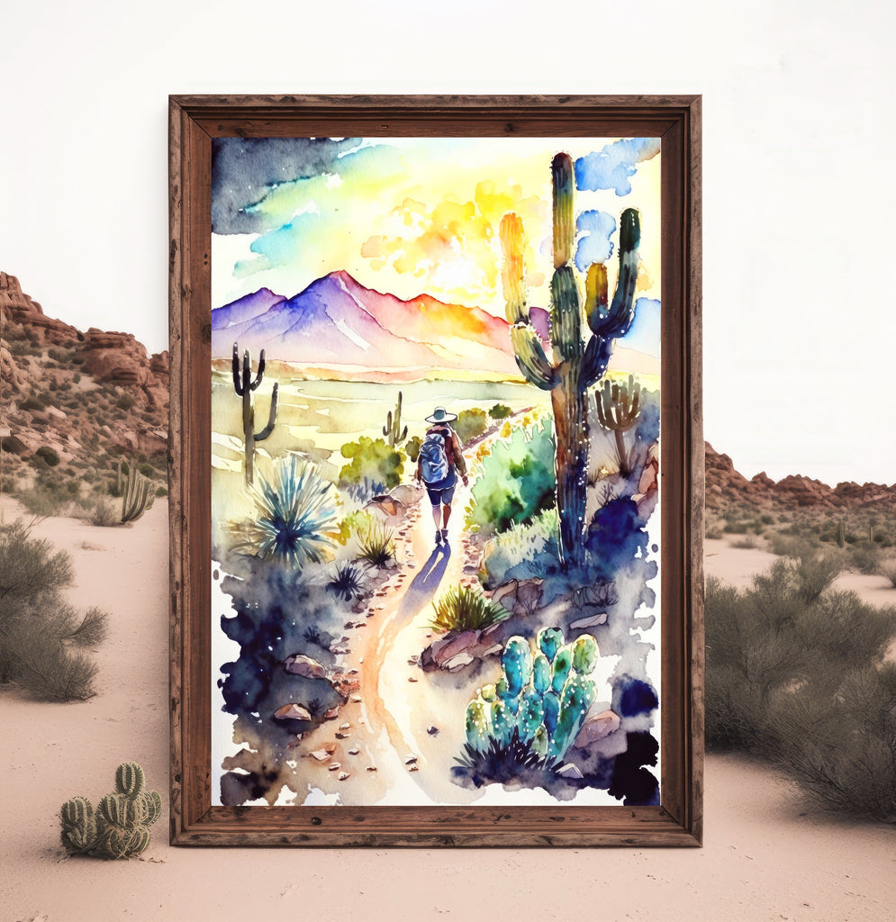 Hiking Desert Trail Sunset Wall Art Backpacking Camping Nature Adventure Unique Outdoorsy Gifts Wanderlust Southwestern Decor