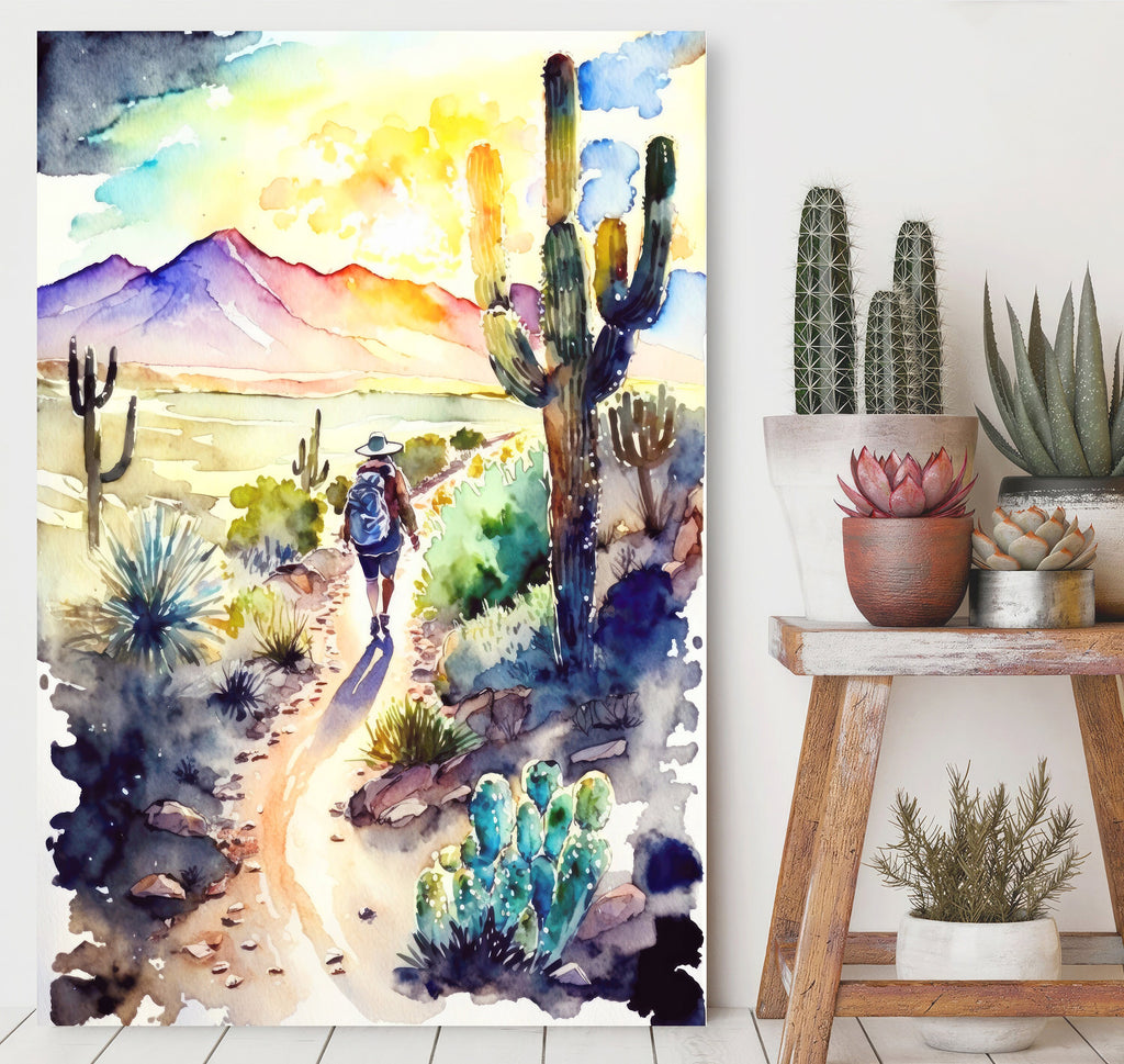 Hiking Desert Trail Sunset Wall Art Backpacking Camping Nature Adventure Unique Outdoorsy Gifts Wanderlust Southwestern Decor