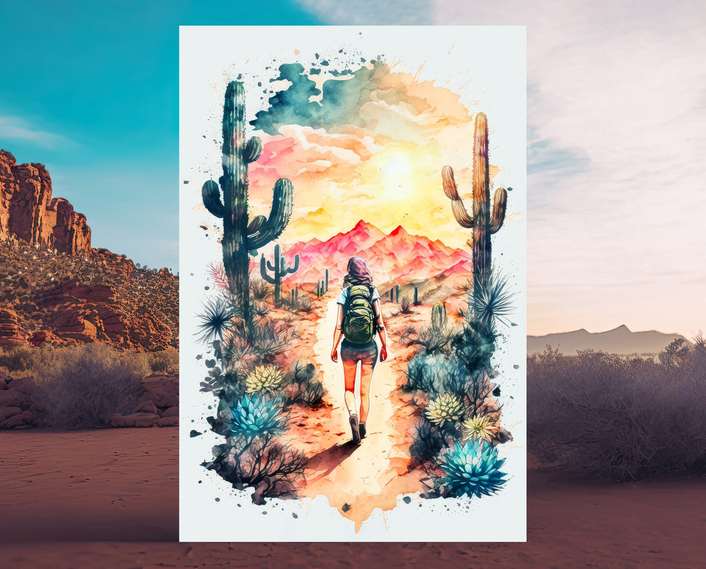 Hiking Desert Trail Sunset Wall Art Backpacking Camping Nature Adventure Unique Outdoorsy Gifts Wanderlust Southwestern Decor