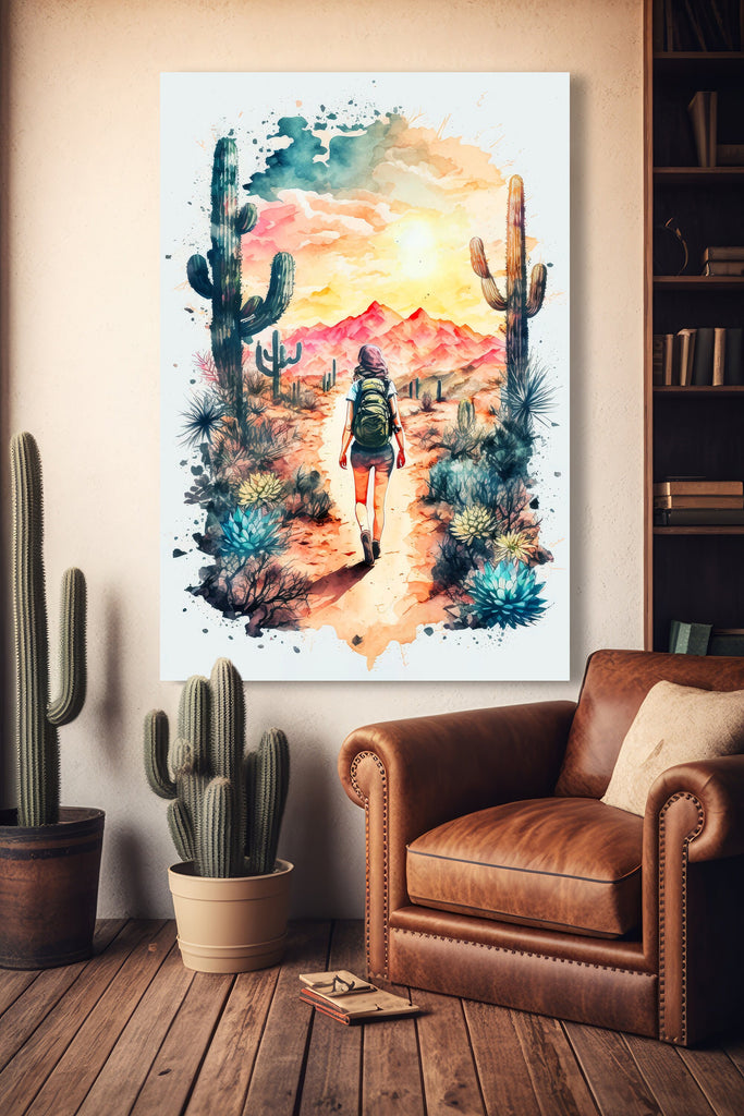 Hiking Desert Trail Sunset Wall Art Backpacking Camping Nature Adventure Unique Outdoorsy Gifts Wanderlust Southwestern Decor