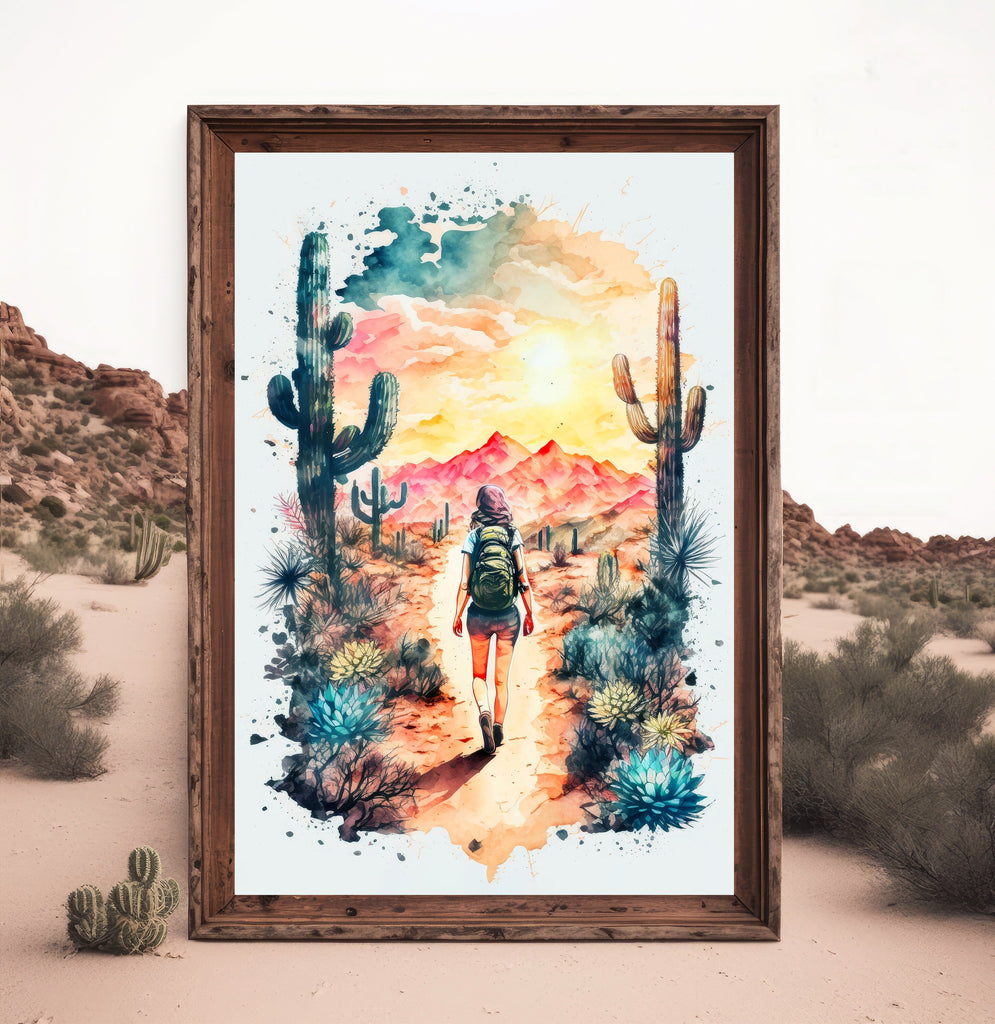 Hiking Desert Trail Sunset Wall Art Backpacking Camping Nature Adventure Unique Outdoorsy Gifts Wanderlust Southwestern Decor