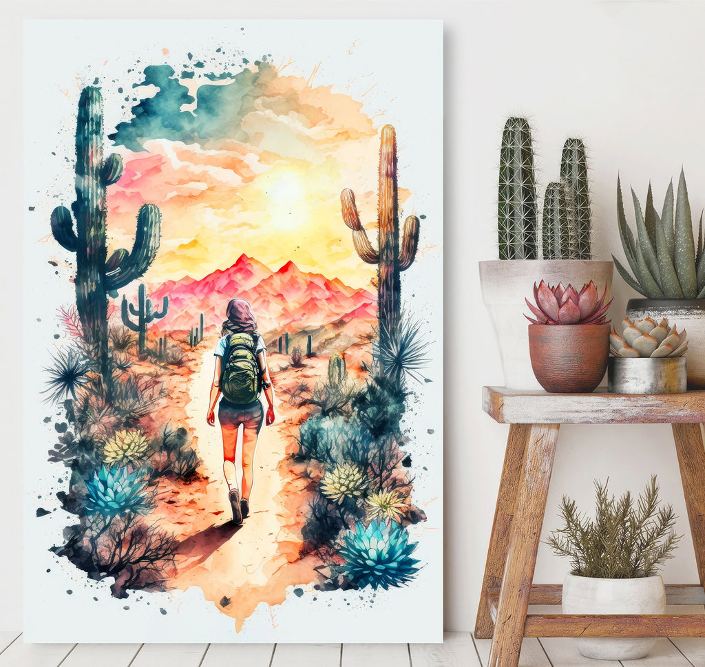 Hiking Desert Trail Sunset Wall Art Backpacking Camping Nature Adventure Unique Outdoorsy Gifts Wanderlust Southwestern Decor