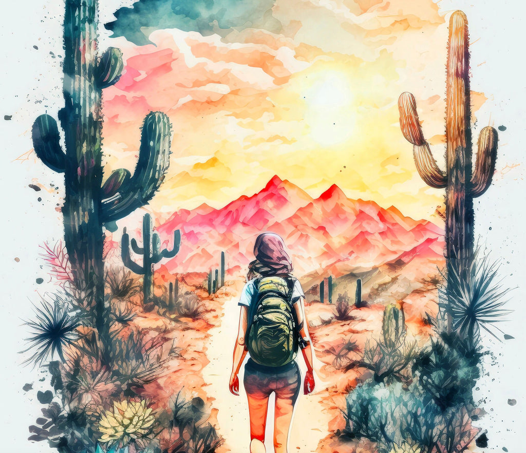 Hiking Desert Trail Sunset Wall Art Backpacking Camping Nature Adventure Unique Outdoorsy Gifts Wanderlust Southwestern Decor