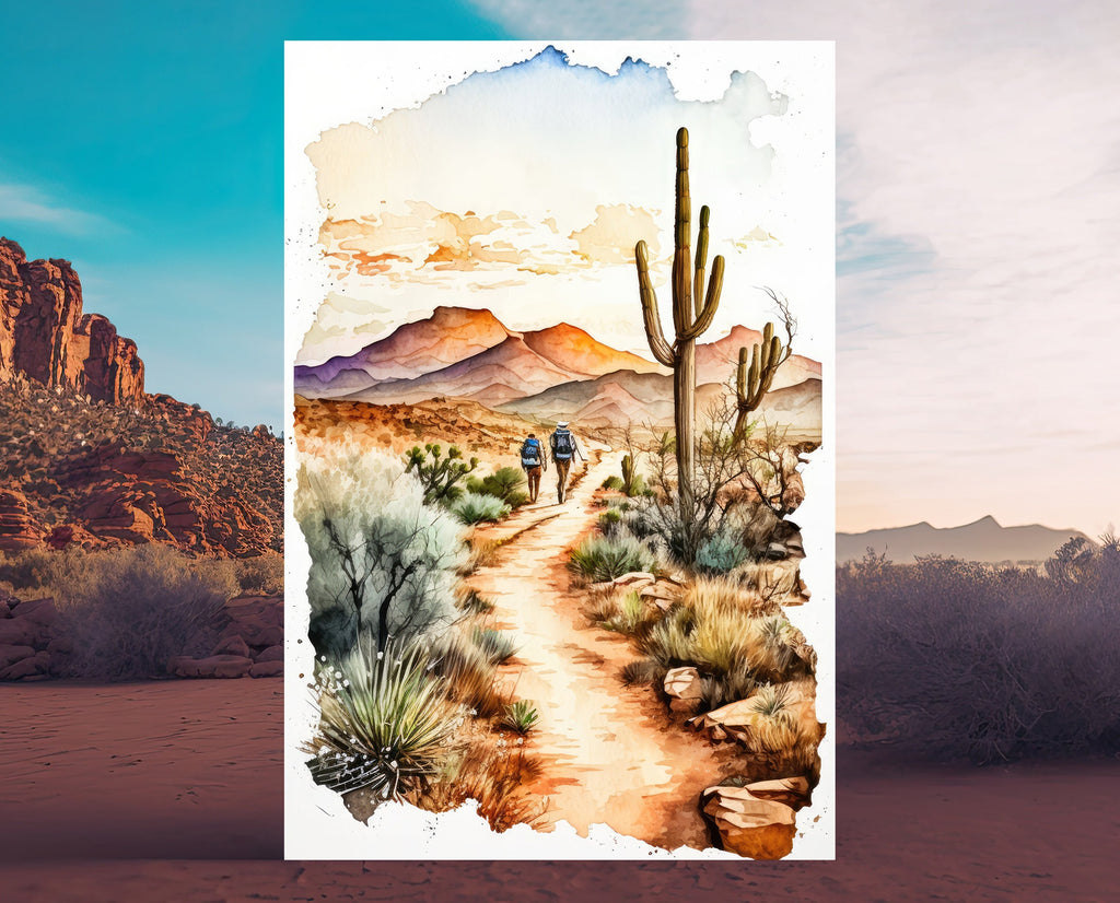 Hiking Desert Trail Sunset Wall Art Backpacking Camping Nature Adventure Unique Outdoorsy Gifts Wanderlust Southwestern Decor