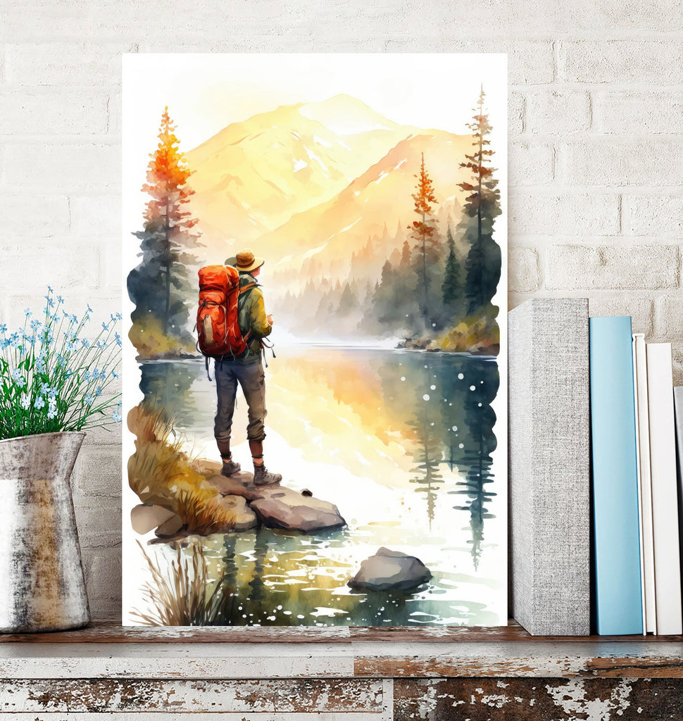 Hiking Forest Mountain Sunset Wall Art Watercolor Nature Inspired Backpacking Adventure Print Outdoorsy Gifts Wanderlust Decor