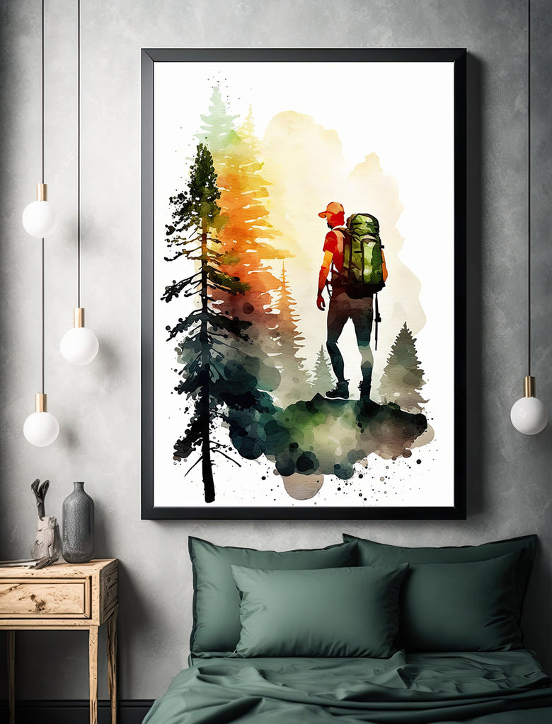 Hiking Mountain Forest Wall Art Watercolor Nature Inspired Backpacking Adventure Print Outdoorsy Gifts Wanderlust Decor