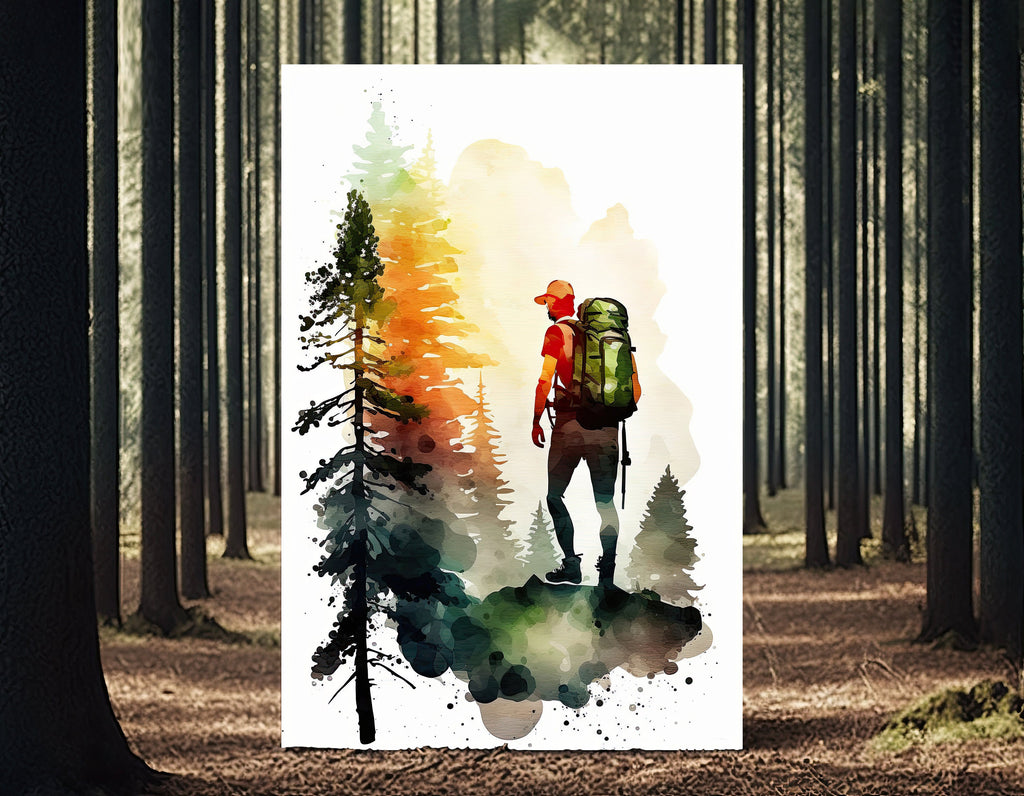 Hiking Mountain Forest Wall Art Watercolor Nature Inspired Backpacking Adventure Print Outdoorsy Gifts Wanderlust Decor