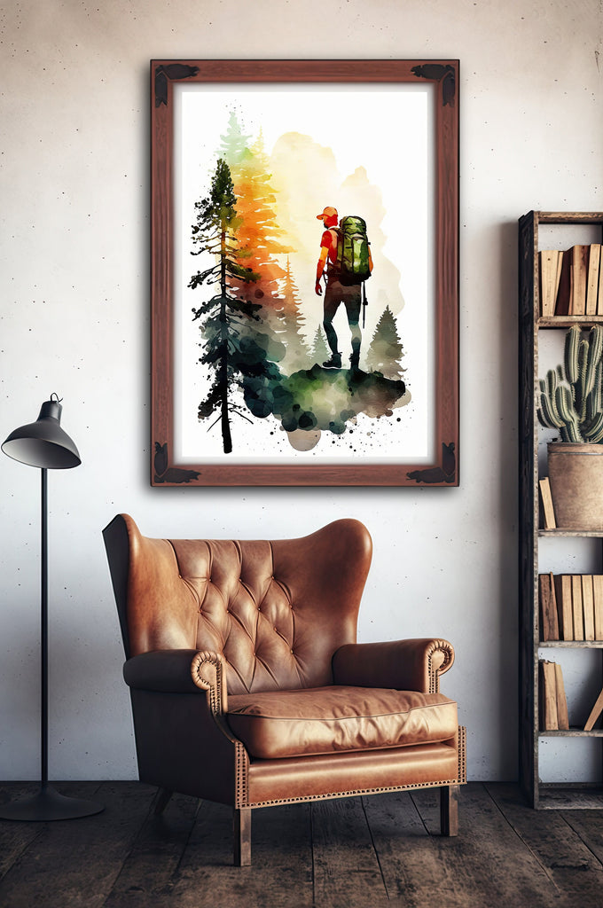 Hiking Mountain Forest Wall Art Watercolor Nature Inspired Backpacking Adventure Print Outdoorsy Gifts Wanderlust Decor