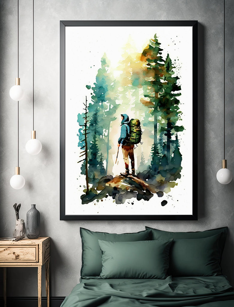 Hiking Mountain Forest Wall Art Watercolor Nature Inspired Backpacking Adventure Print Outdoorsy Gifts Wanderlust Decor