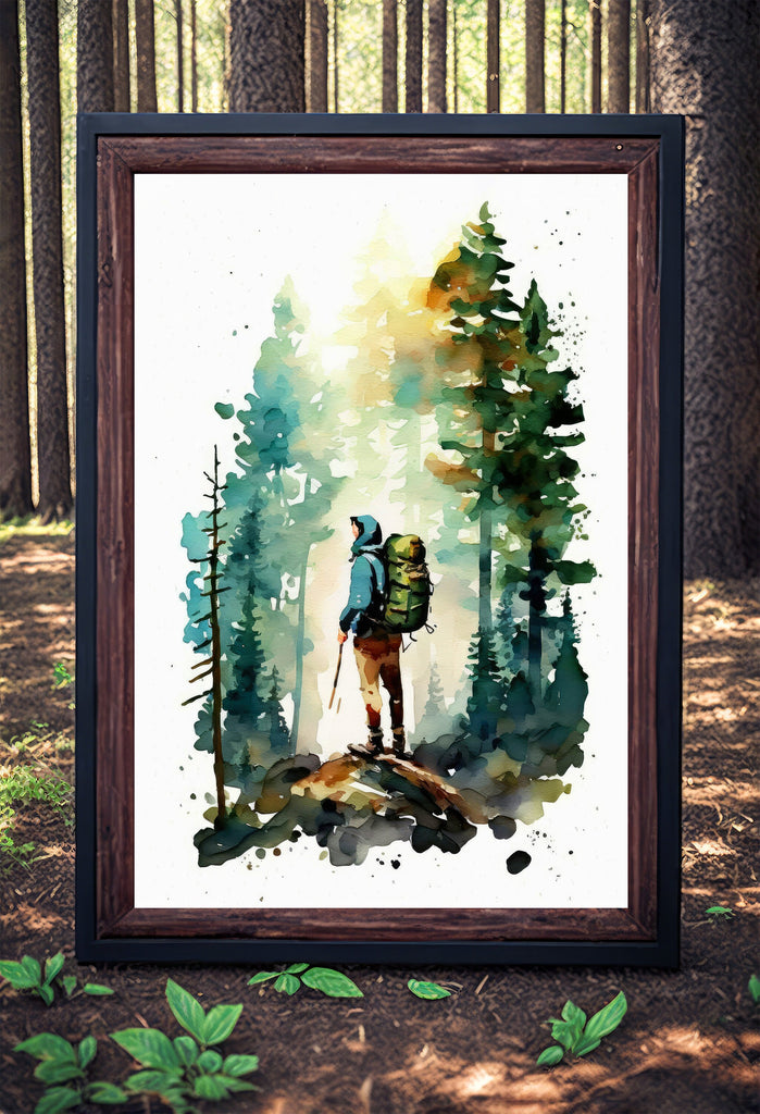 Hiking Mountain Forest Wall Art Watercolor Nature Inspired Backpacking Adventure Print Outdoorsy Gifts Wanderlust Decor