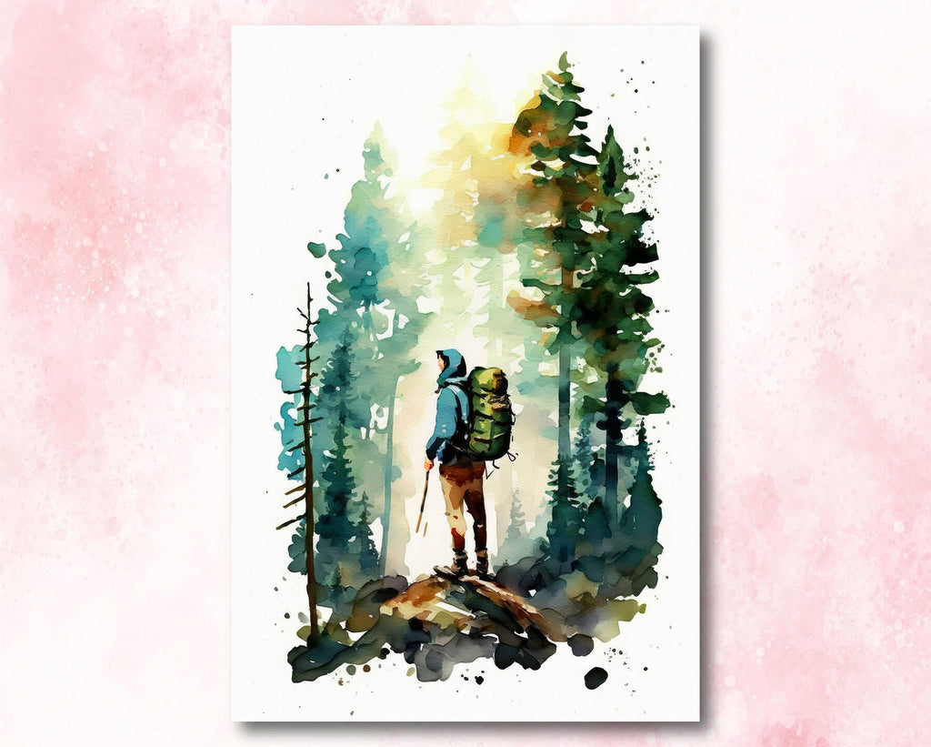 Hiking Mountain Forest Wall Art Watercolor Nature Inspired Backpacking Adventure Print Outdoorsy Gifts Wanderlust Decor