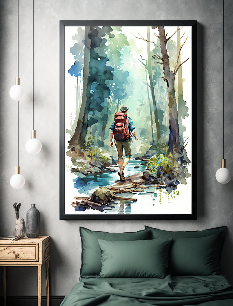 Hiking Mountain Forest Wall Art Watercolor Nature Inspired Backpacking Adventure Print Outdoorsy Gifts Wanderlust Decor