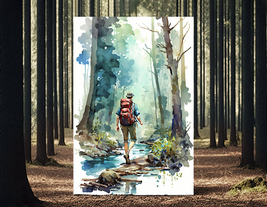 Hiking Mountain Forest Wall Art Watercolor Nature Inspired Backpacking Adventure Print Outdoorsy Gifts Wanderlust Decor