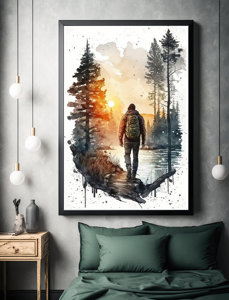 Hiking Forest Mountain Sunset Wall Art Watercolor Nature Inspired Backpacking Adventure Print Outdoorsy Gifts Wanderlust Decor