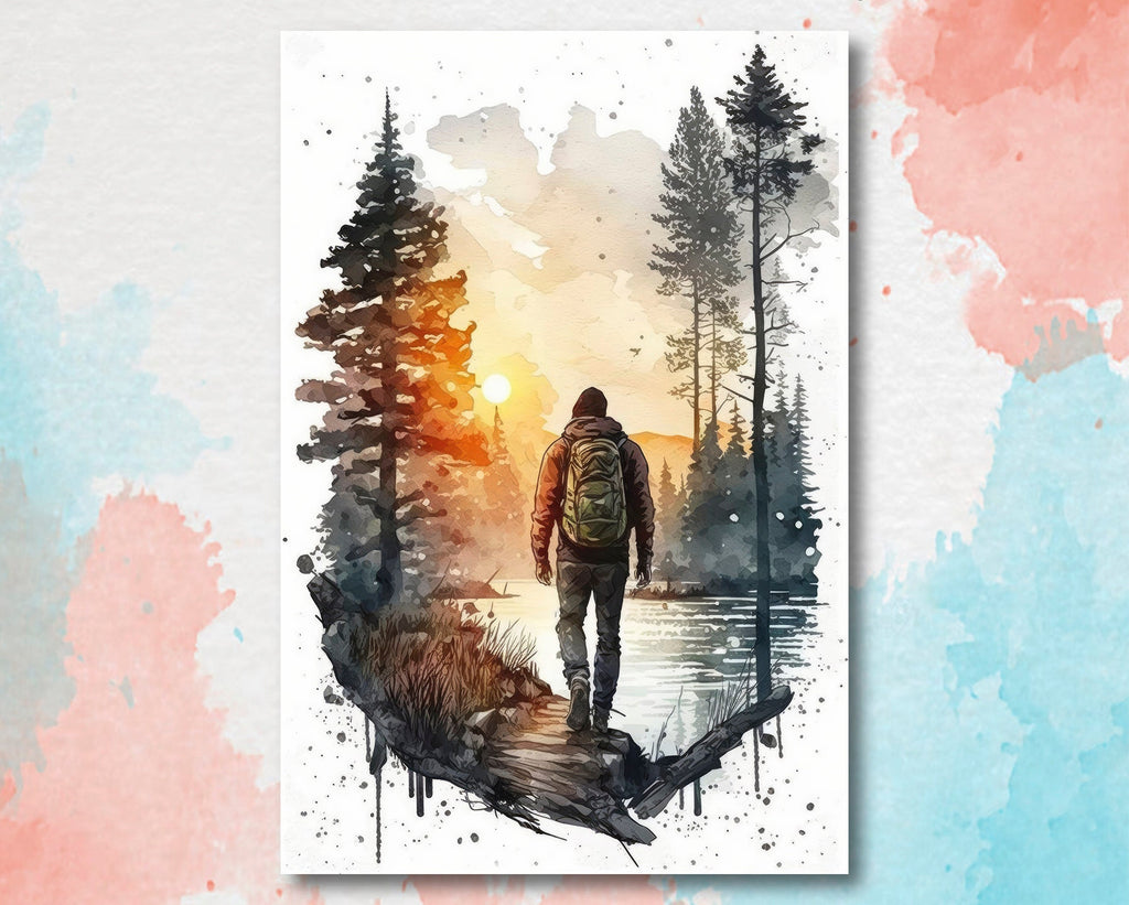 Hiking Forest Mountain Sunset Wall Art Watercolor Nature Inspired Backpacking Adventure Print Outdoorsy Gifts Wanderlust Decor