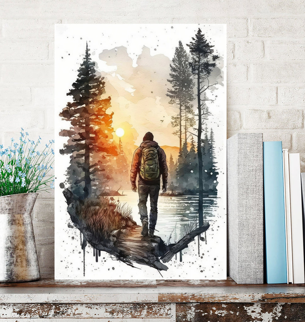 Hiking Forest Mountain Sunset Wall Art Watercolor Nature Inspired Backpacking Adventure Print Outdoorsy Gifts Wanderlust Decor