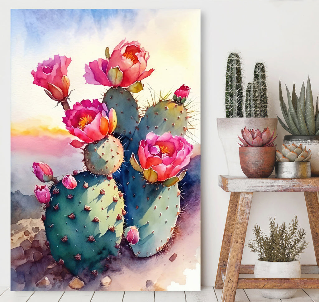 Flower Prickly Pear Cactus Sunset Art Print Watercolor Botanical Desert Wall Art Nature Inspired Sonoran Art Southwest Western Decor