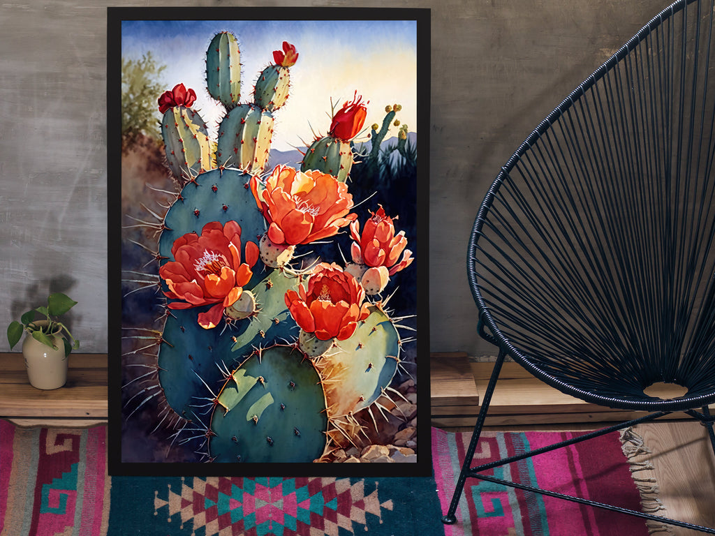 Flower Prickly Pear Cactus Sunset Art Print Watercolor Botanical Desert Wall Art Nature Inspired Sonoran Art Southwest Western Decor