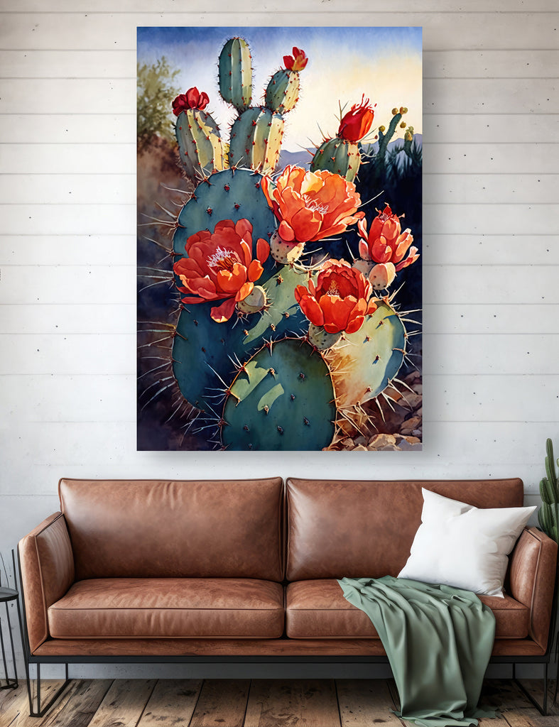 Flower Prickly Pear Cactus Sunset Art Print Watercolor Botanical Desert Wall Art Nature Inspired Sonoran Art Southwest Western Decor