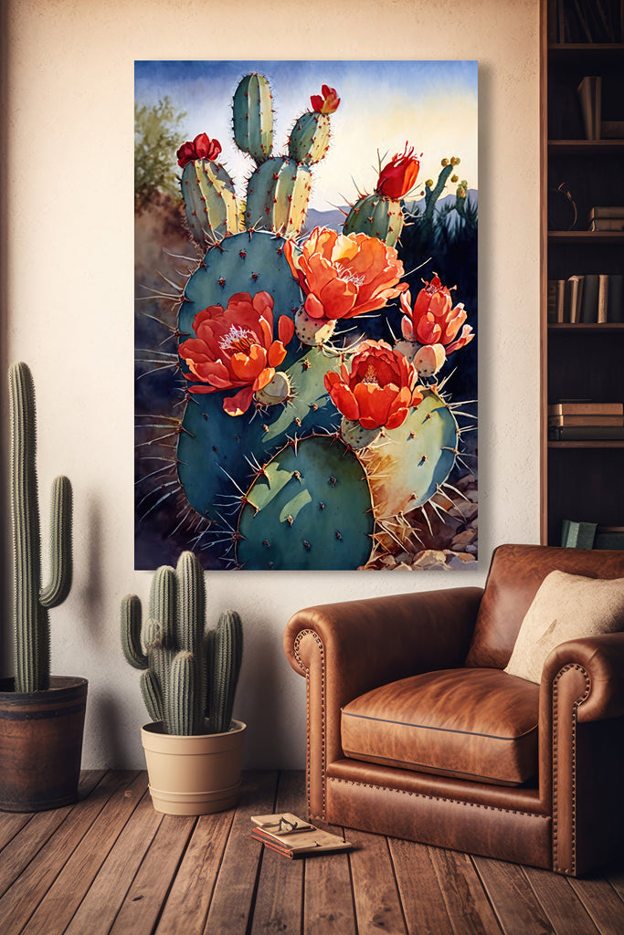 Flower Prickly Pear Cactus Sunset Art Print Watercolor Botanical Desert Wall Art Nature Inspired Sonoran Art Southwest Western Decor