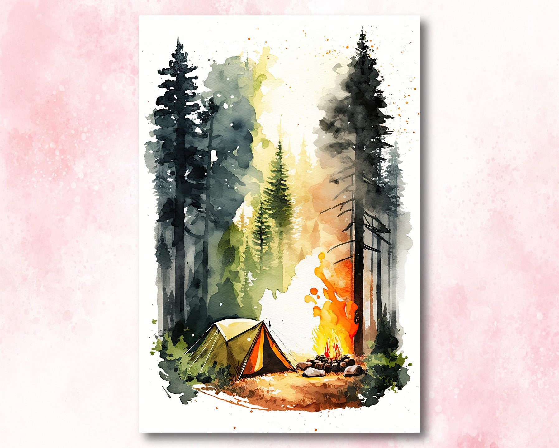 Camping tent in the pine forest Original watercolor painting