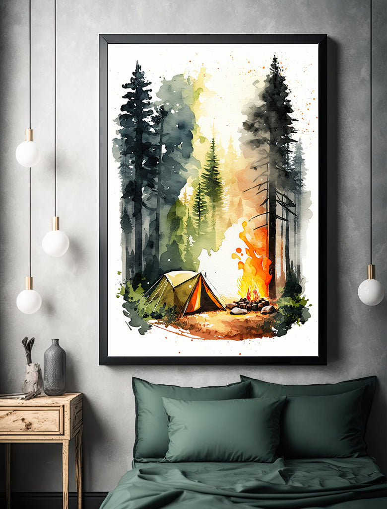 Camping Tent and Campfire Forest Wall Art Print Camper Decor Nature Inspired Watercolor Adventure Print Outdoorsy Gifts National Park Decor