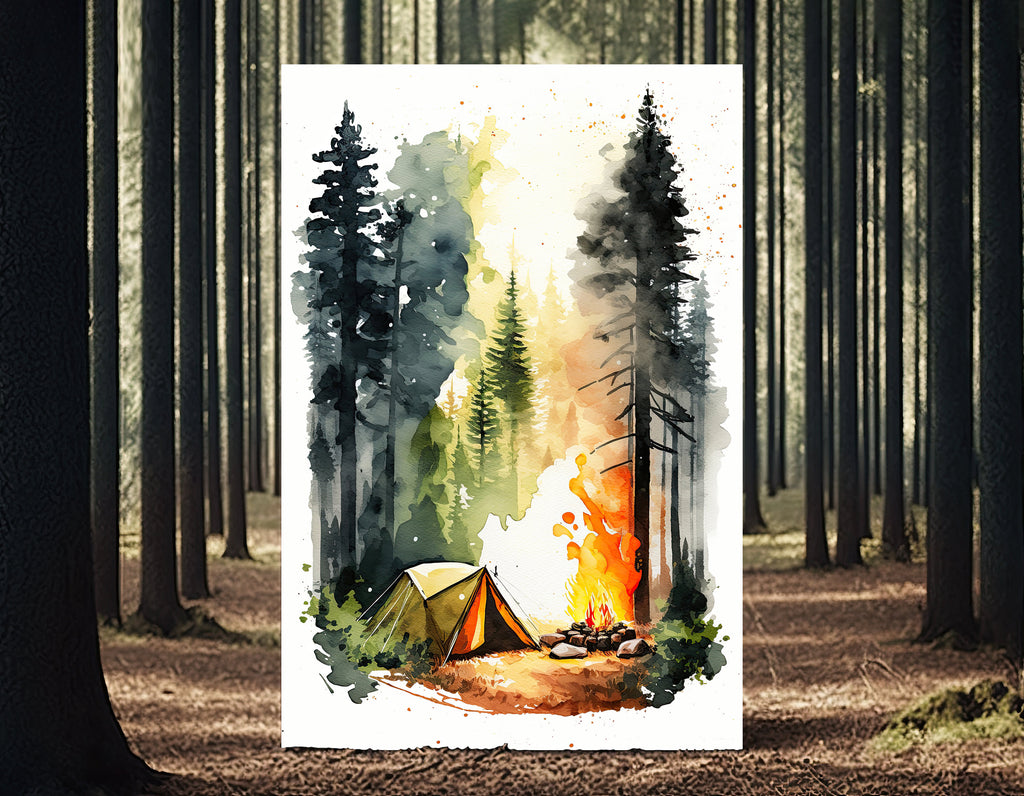 Camping Tent and Campfire Forest Wall Art Print Camper Decor Nature Inspired Watercolor Adventure Print Outdoorsy Gifts National Park Decor