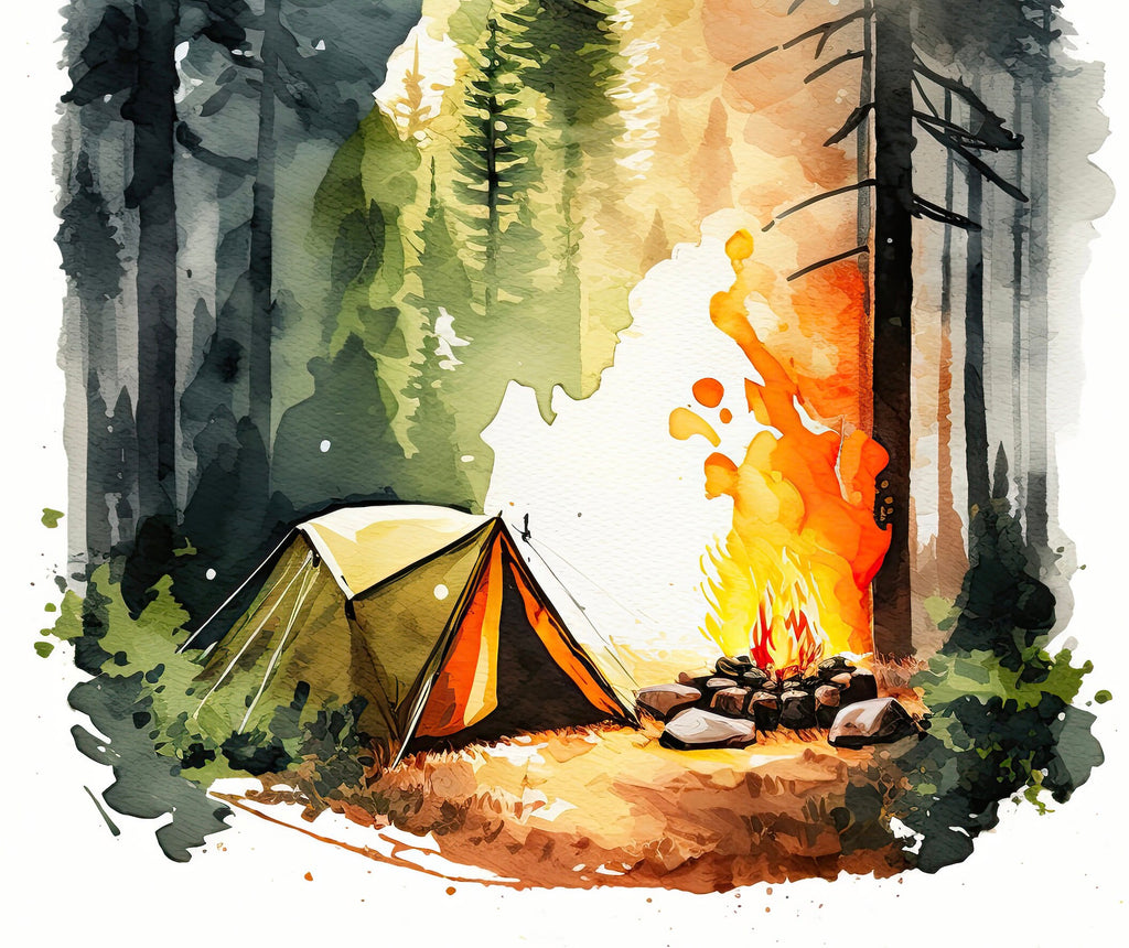 Camping Tent and Campfire Forest Wall Art Print Camper Decor Nature Inspired Watercolor Adventure Print Outdoorsy Gifts National Park Decor