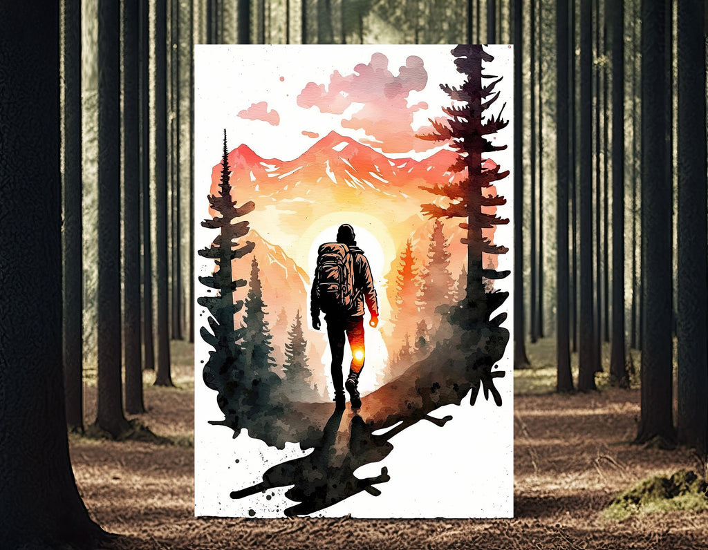 Hiking Forest Mountain Sunset Wall Art Watercolor Nature Inspired Backpacking Adventure Print Outdoorsy Gifts Wanderlust Decor