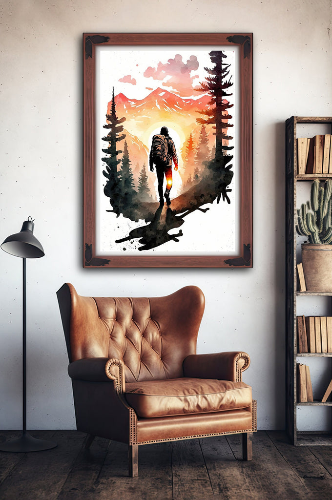 Hiking Forest Mountain Sunset Wall Art Watercolor Nature Inspired Backpacking Adventure Print Outdoorsy Gifts Wanderlust Decor