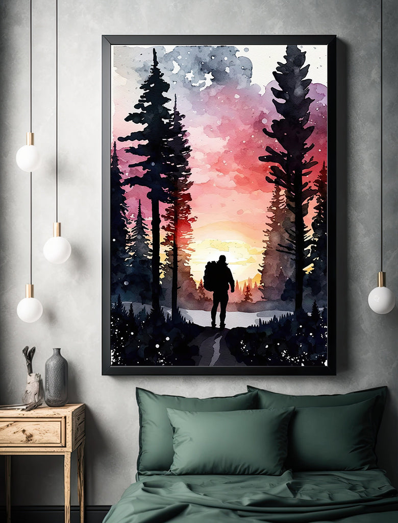 Hiking Forest Mountain Sunset Wall Art Watercolor Nature Inspired Backpacking Adventure Print Outdoorsy Gifts Wanderlust Decor