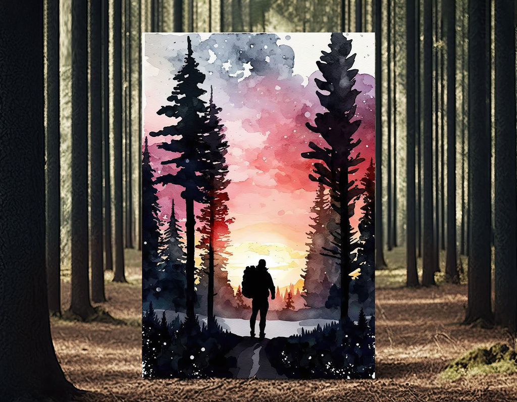 Hiking Forest Mountain Sunset Wall Art Watercolor Nature Inspired Backpacking Adventure Print Outdoorsy Gifts Wanderlust Decor